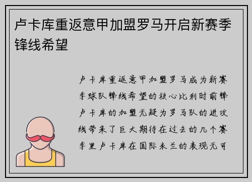 卢卡库重返意甲加盟罗马开启新赛季锋线希望